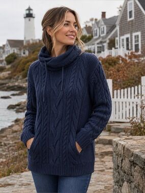 L.L.Bean XLP Chunky Cable Knit Cowl Neck Sweater Cotton Tunic Pockets Fisherman